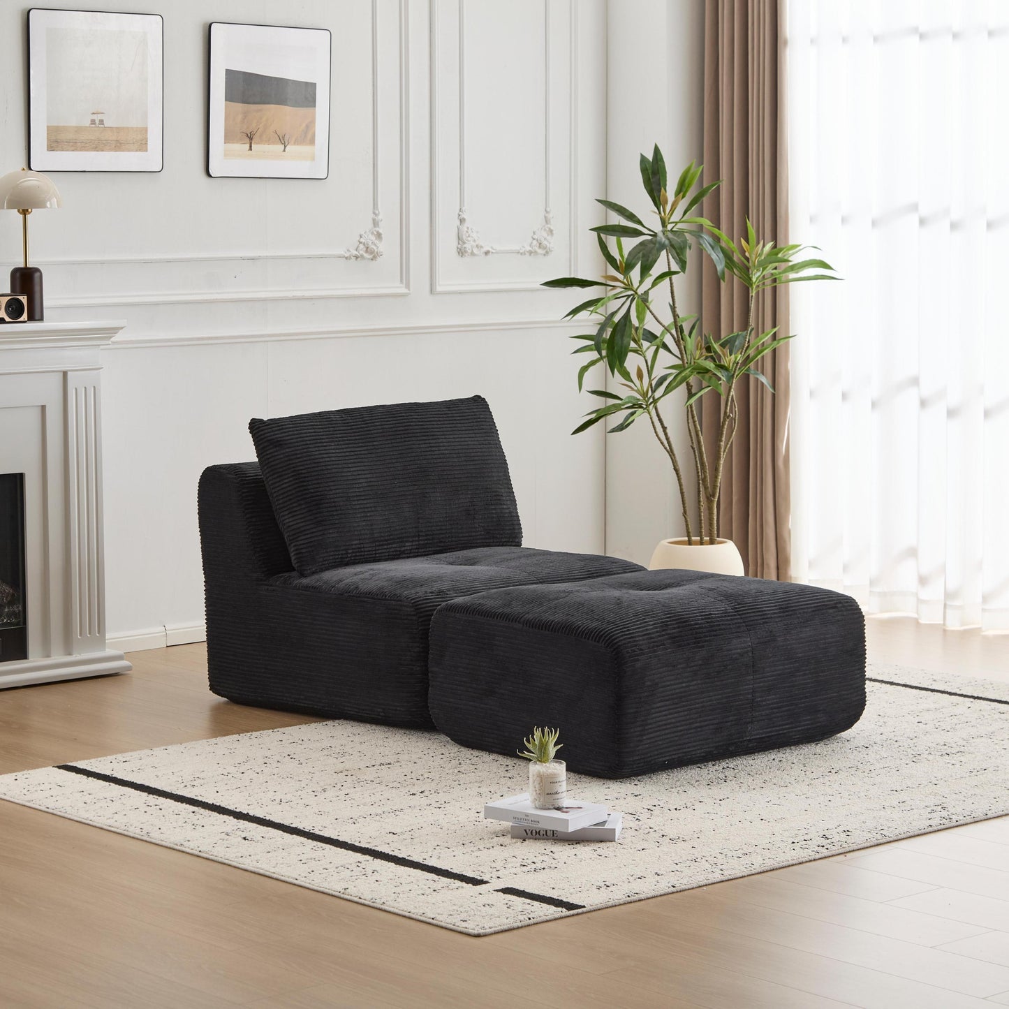 NEW Modern Black Corduroy Fabric Memory Foam Compressed Single Chaise Lounge Cloud Modular Sectional Sofa with Movable Ottoman