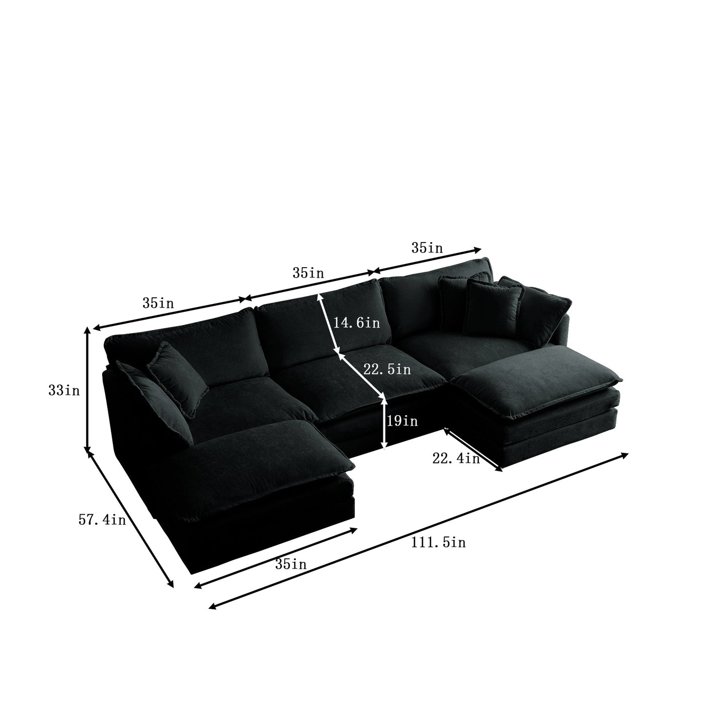 NEW U-Shaped Sectional Sofa w/Reversible Footrest, 5-Seater Convertible Corner Couch with 2 Ottomans ,Modern Minimalist Soft Sofa & Couch for Living Room , Black Chenille