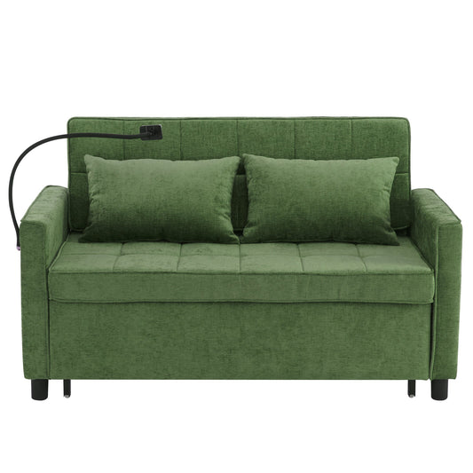 NEW 56.9' Convertible Loveseat Sofa Bed with Adjustable Backrest, USB Ports, Phone Holder, Side Pockets, Green Chenille,