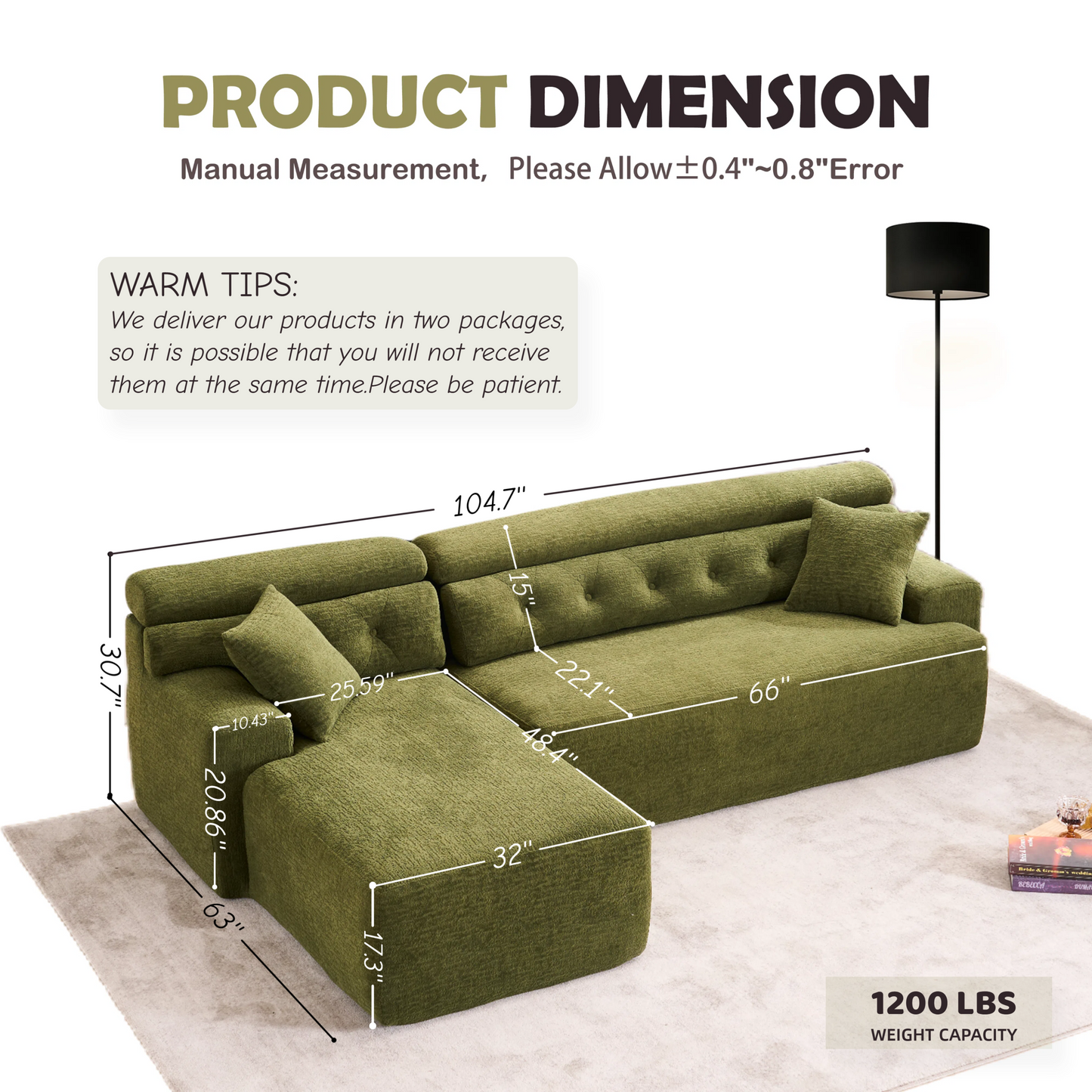 NEW 105' Modula Compression Sponge L-Shaped, Chesterfield-Inspired Design, No-Assembly Chenille Couch, 30D High-Density for Living Room, Bedroom, Apartment.Green.