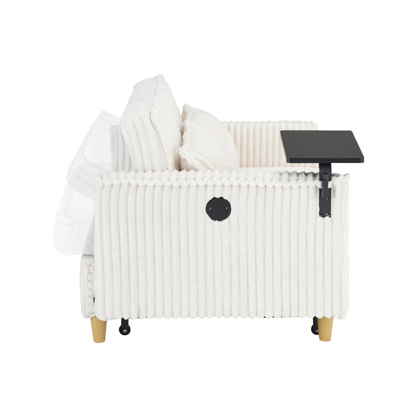 NEW Pull-out Push-in Beige Corduroy Sofa with Dual Functions Movable Tabletop and USB Ports