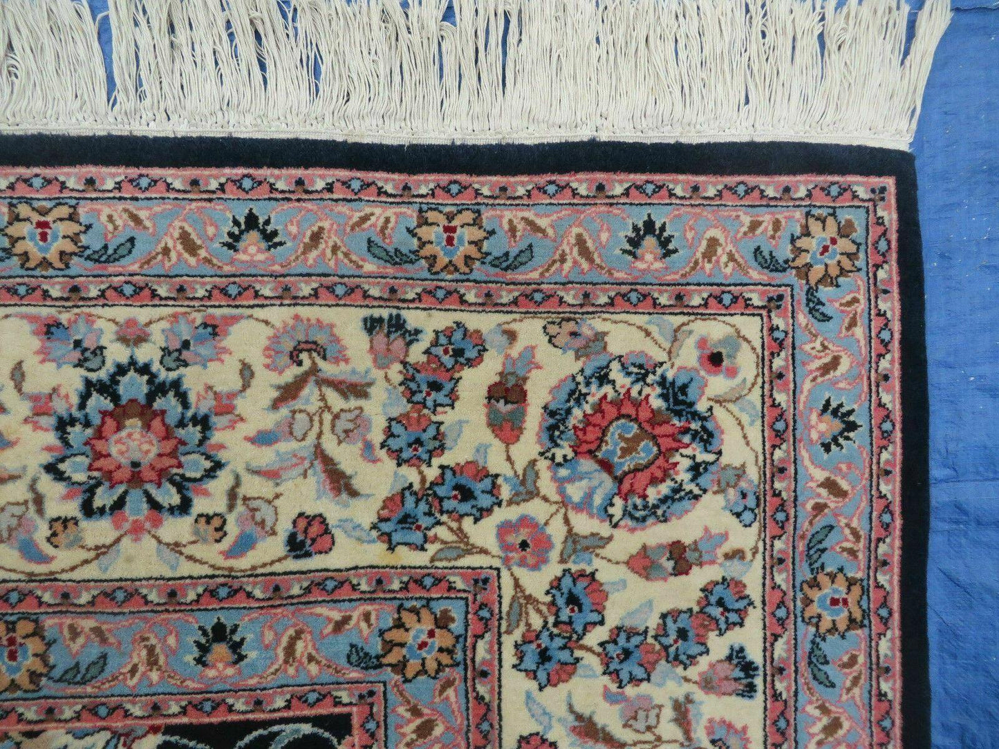 USED Large Indo Persian Rug 10x14, Wool Hand-Knotted Carpet, Navy Blue Ivory