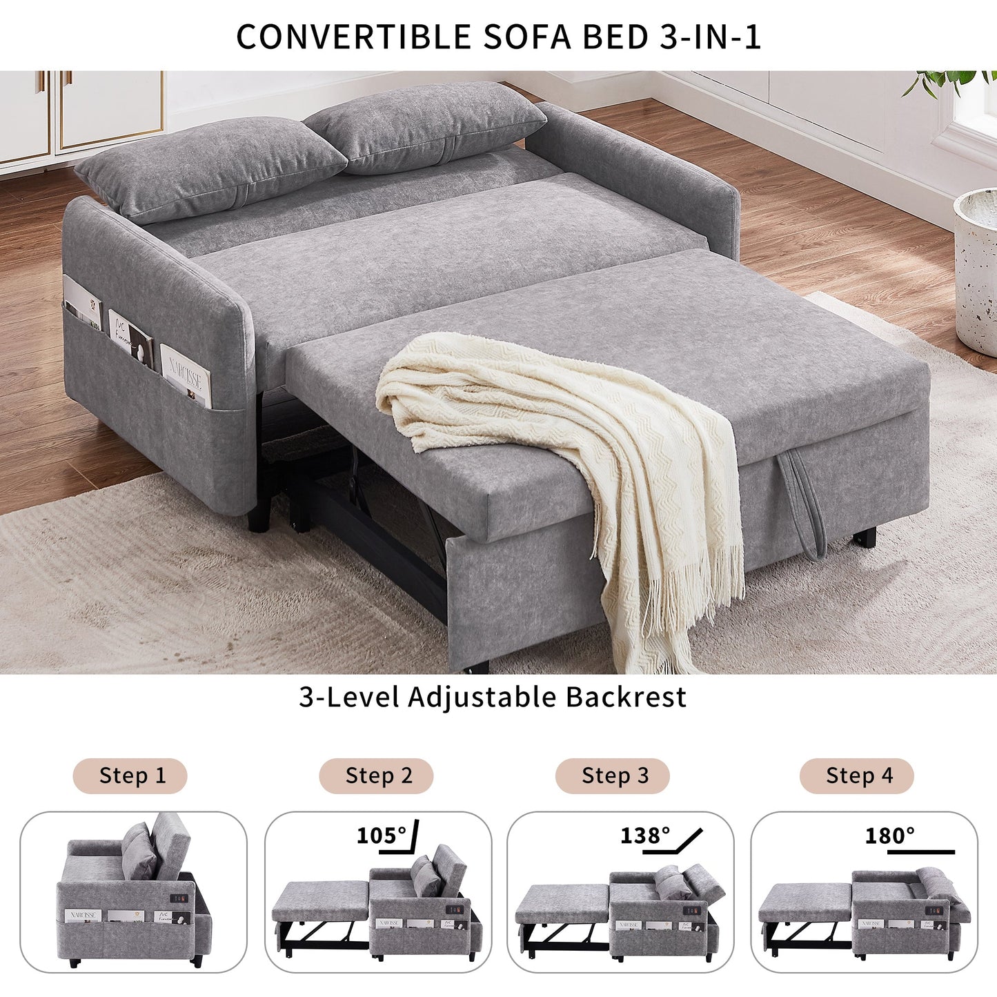 NEW Contemporary Grey Pull Out Sleep Sofa Bed Loveseat with Adjustable Backrest Storage Pockets USB Ports and 2 Soft Pillows