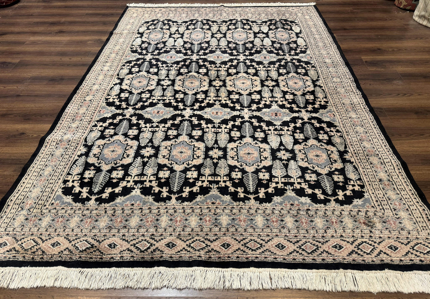 USED Turkoman Bokhara Rug 6x9, Pakistani Carpet, Black, Hand Knotted