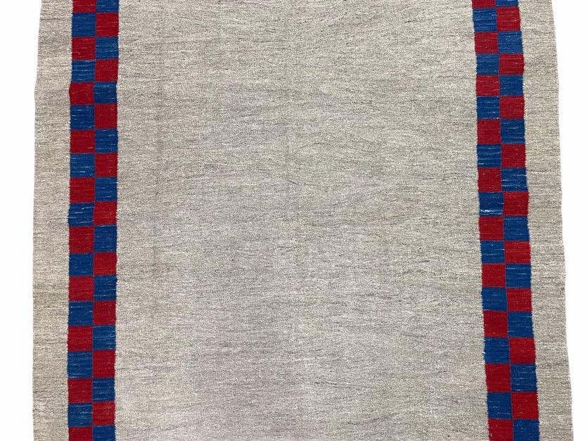 NEW 5' 7" x 7' 9" Geometric Kilim Carpet, Gray, Handmade, Hand-Knotted Area Rug, Blue & Red, Flatweave, Wool, New, Checkerboard Pattern
