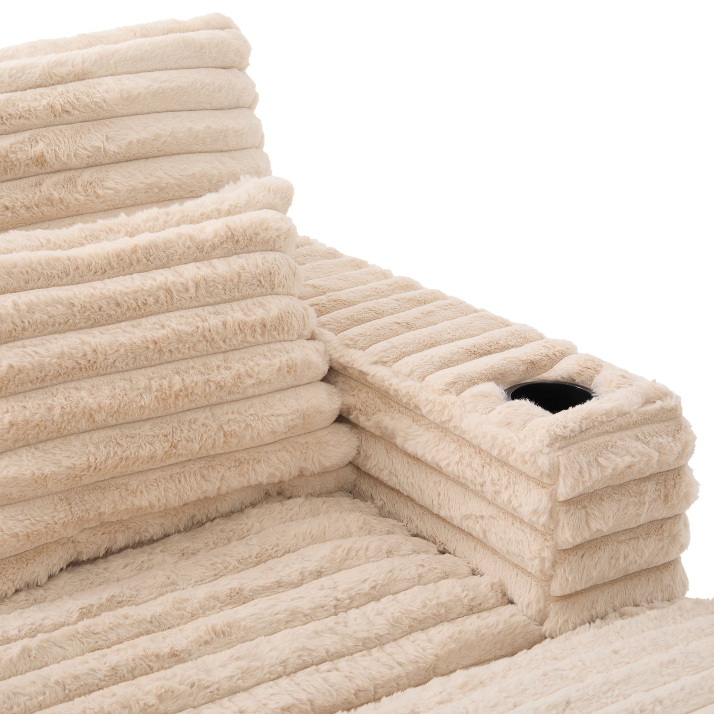 NEW Plush Champagne Faux Rabbit Fur Upholstered Oversized Double Chaise Lounge Sofa with USB Ports and Cup Holders