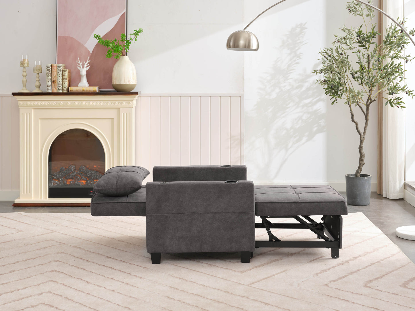 NEW Dark Grey Futon Bed Convertible Chair 3-in-1 Pull Out Sleeper Sofa with USB Ports