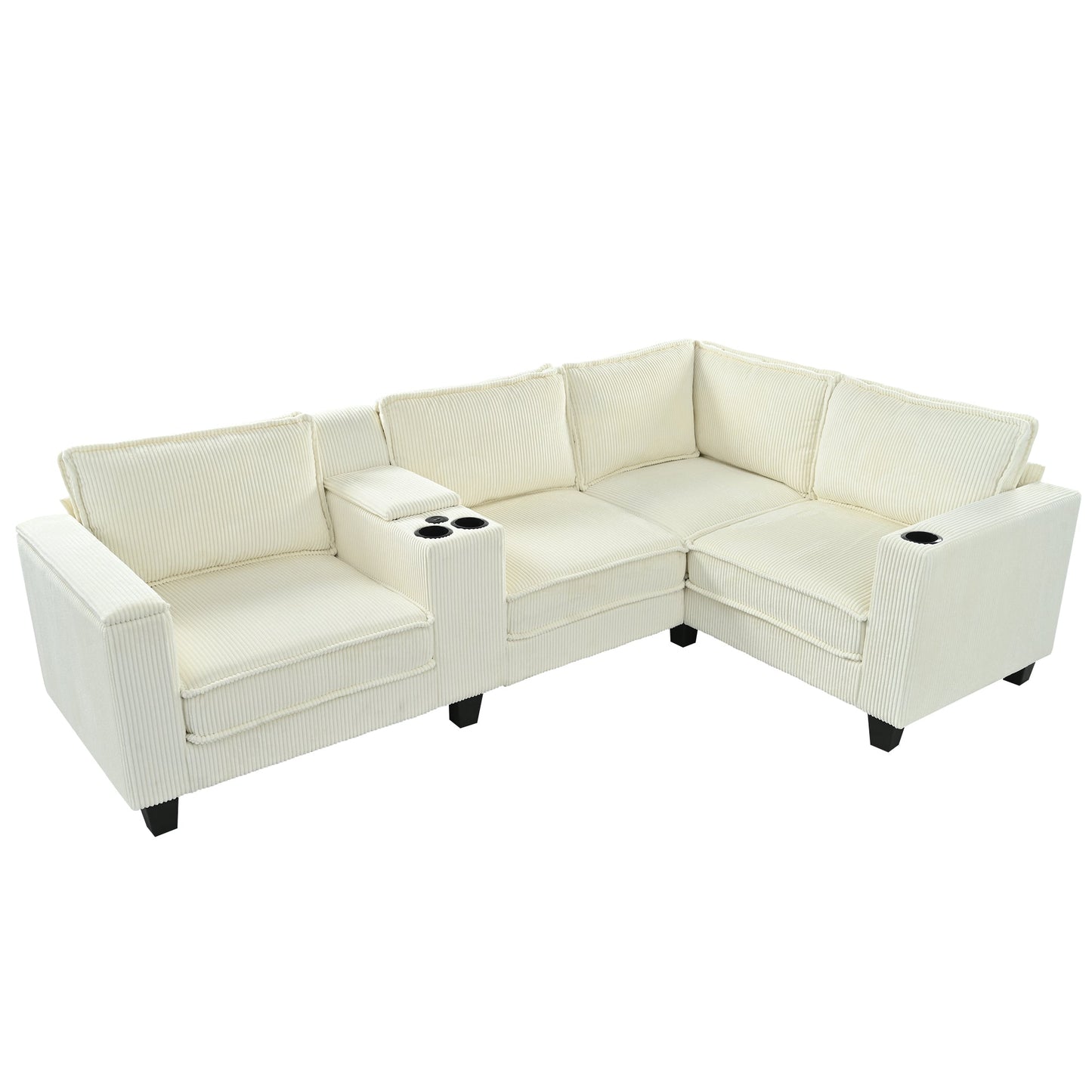 NEW L-shaped 4-Seater Corduroy Large Storage Armrest Sofa with Center Console and USB Charging