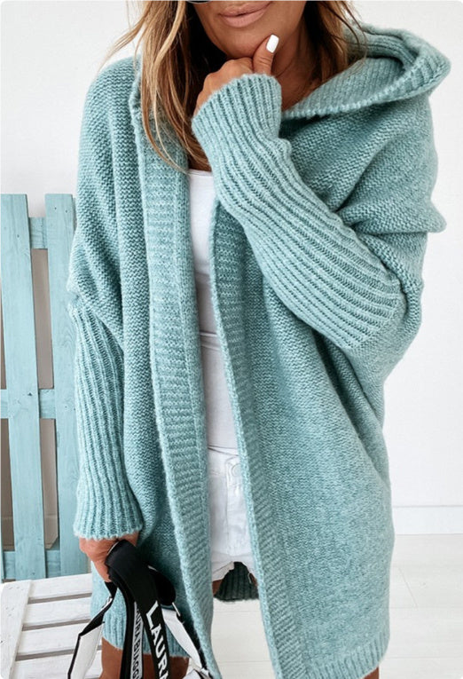 New Ins Knitted Hooded Cardigan Fashion Loose Solid Color Batwing Sleeve Sweater Autumn And Winter Women's Clothing