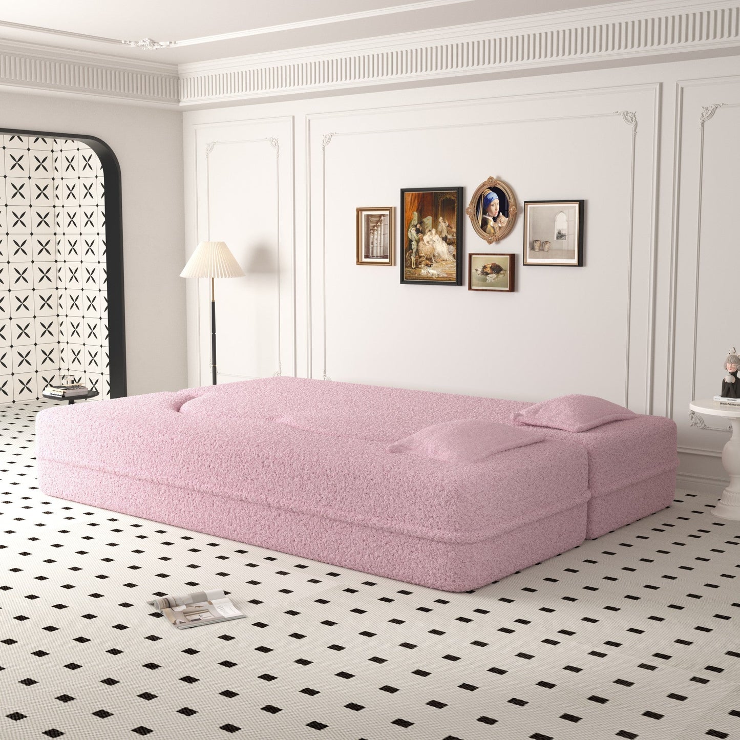 NEW Modern Floor Sofa Convertible Teddy Fabric Foam Filled Sleeper Couch SofaBed with 1 5' Full Size Folding Mattress