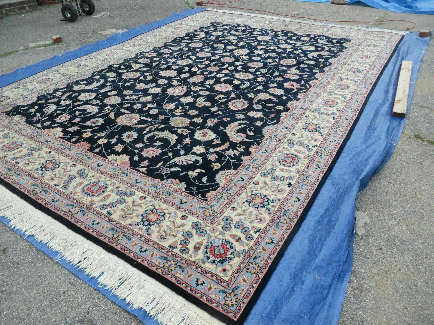 USED Large Indo Persian Rug 10x14, Wool Hand-Knotted Carpet, Navy Blue Ivory