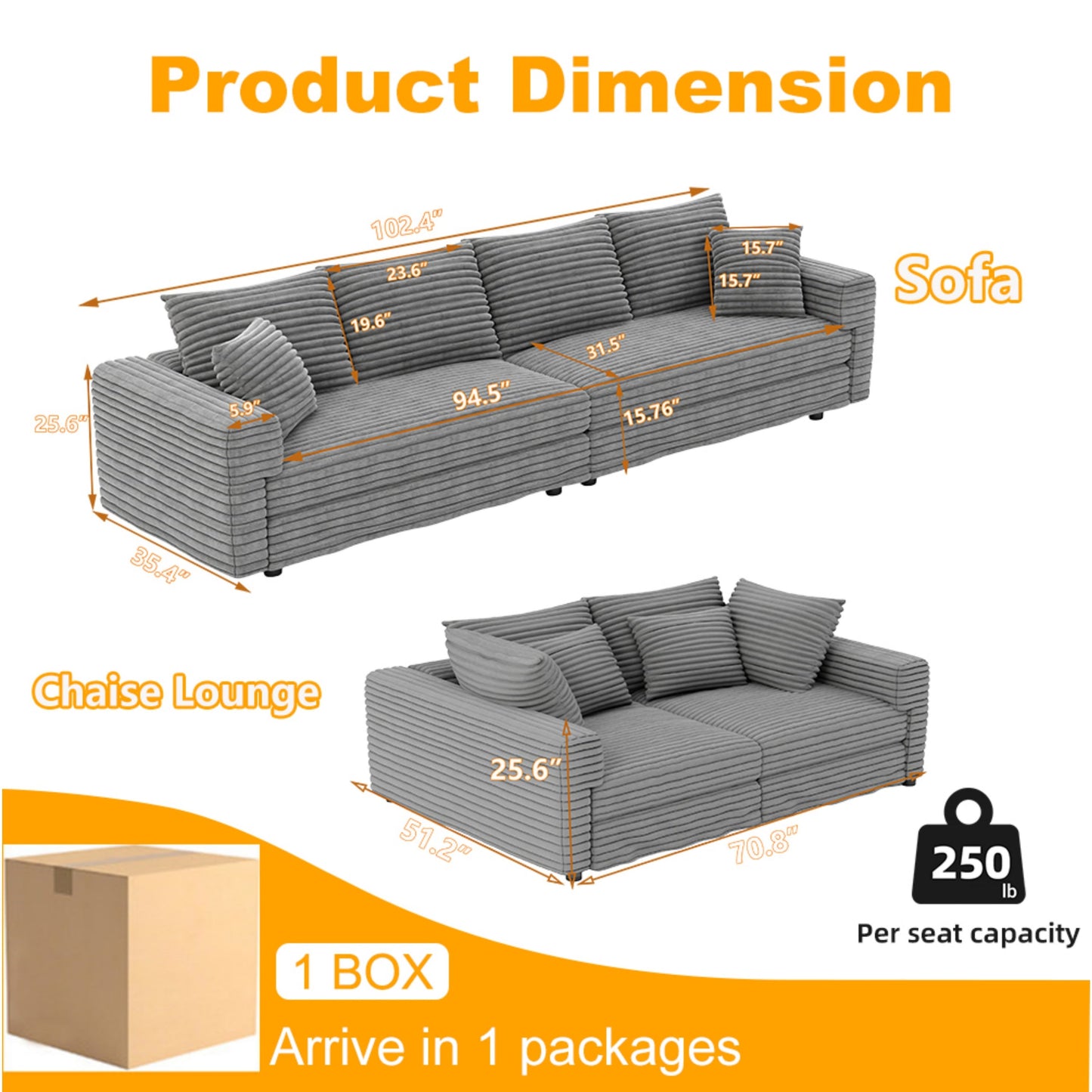 NEW 104.3' Plush Grey Corduroy Modern Comfy Upholstered 4-Seat Comfy Deep Seat Sofa Cloud Couch with Soft Pillows and 3 Ottomans Convertible Lounge Char