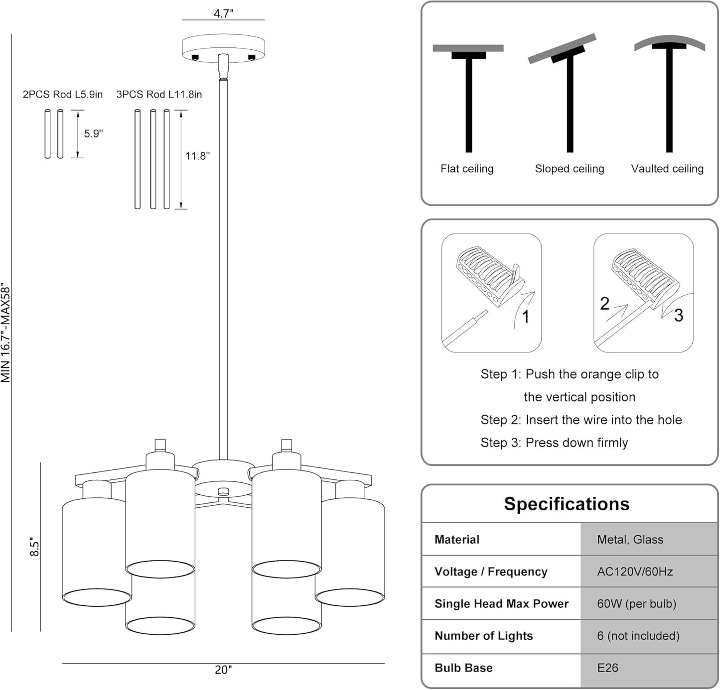 NEW 6 Light Farmhouse Brushed Nickel Pendant Chandelier