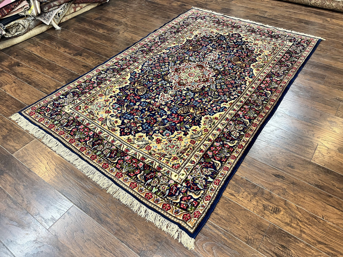 USED Persian Kirman Rug 6x9, Floral Medallion Vintage Wool Handmade Carpet 6 x 9, Animal Pictorials Birds, Semi Antique, Navy Blue, Millefleur