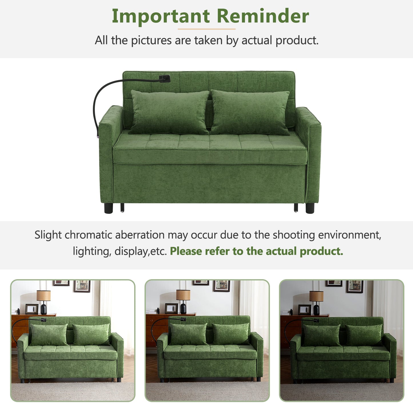 NEW 56.9' Convertible Loveseat Sofa Bed with Adjustable Backrest, USB Ports, Phone Holder, Side Pockets, Green Chenille,