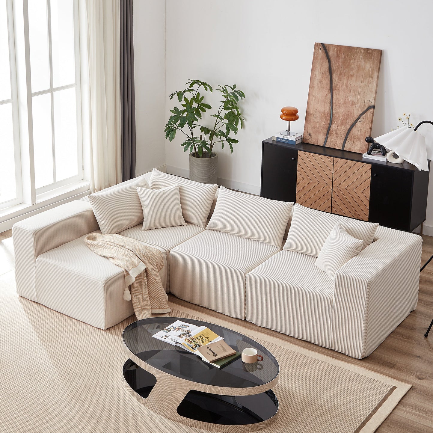 NEW Corduroy Modular L Shaped Sectional Luxury Upholstered Foam-Filled Compressed Sofa Couch Set