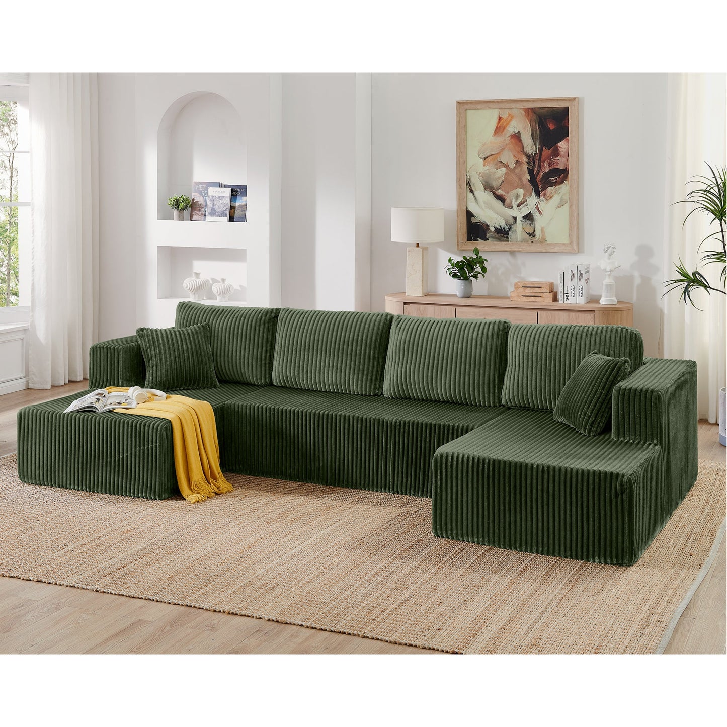 NEW Modern Minimalist U Shape Modular Sectional Sofa Sleeper in Green Corduroy with Foam Filling