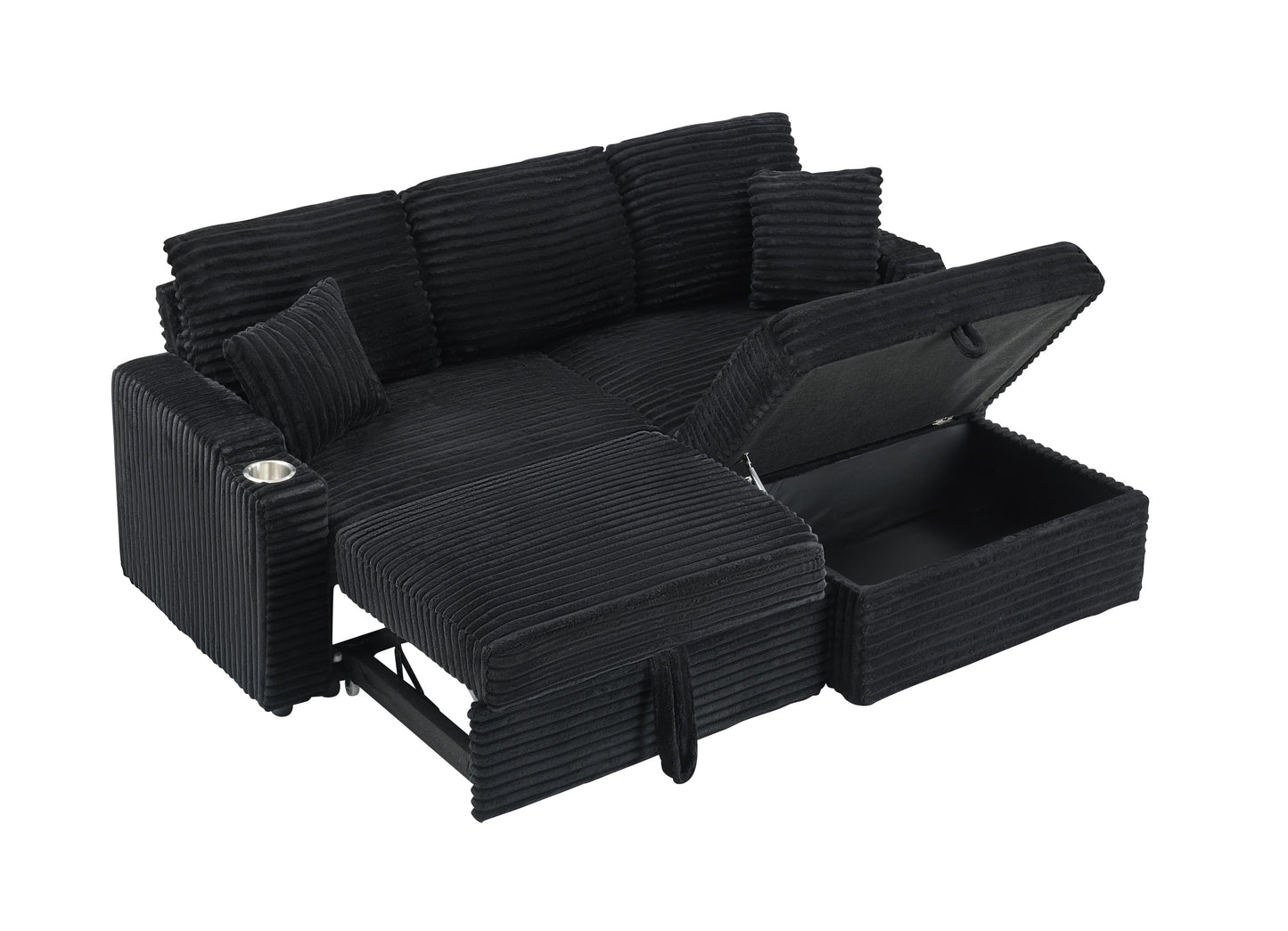 NEW 80' Corduroy Multi-Function Sofa with Hidden Reclining, Space Saving Design, Armrests, Cup Holders and Removable Footstool, Black