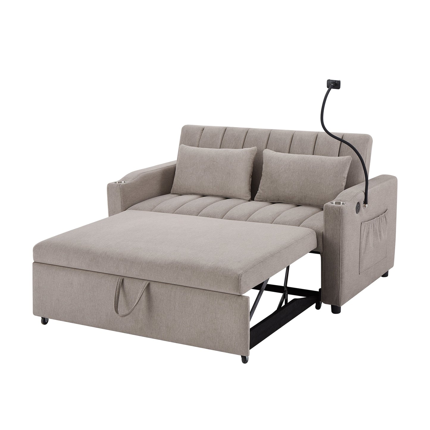 NEW Convertible Sofa Bed Loveseat with USB Ports, Side Pockets, Cup Holders & Swivel Phone Holder, Light Grey Bella Fabric