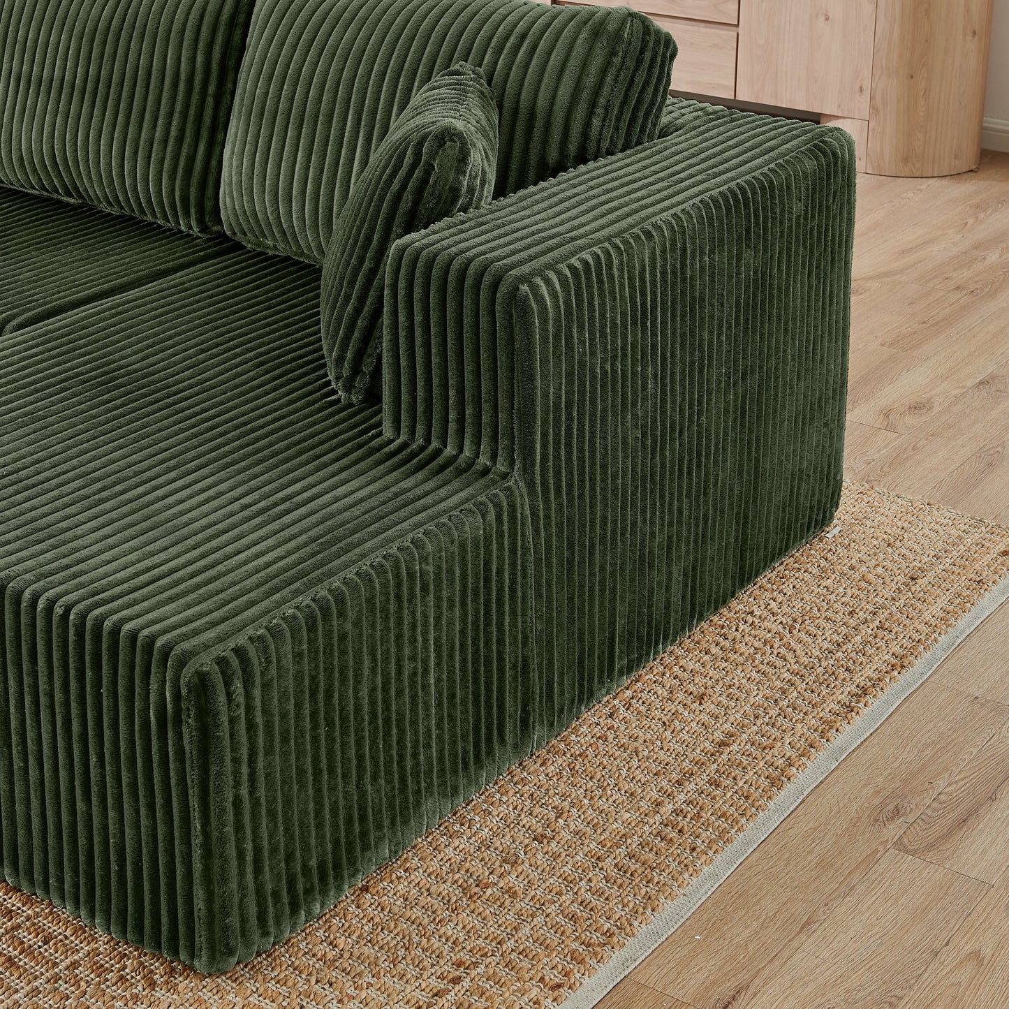 NEW Modern Minimalist U Shape Modular Sectional Sofa Sleeper in Green Corduroy with Foam Filling