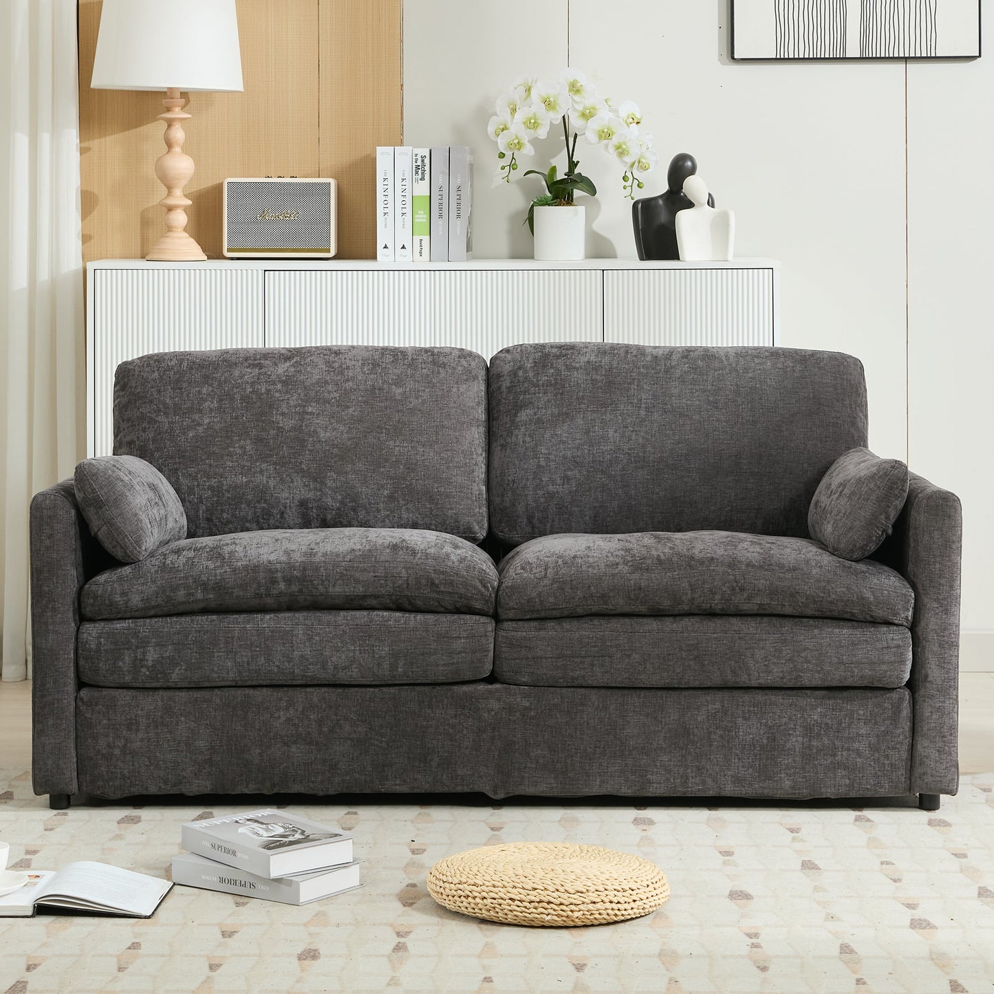 NEW Gray Premium Chenille Fabric Upholstered Rolled Arm Loveseat with Lumbar Pillow