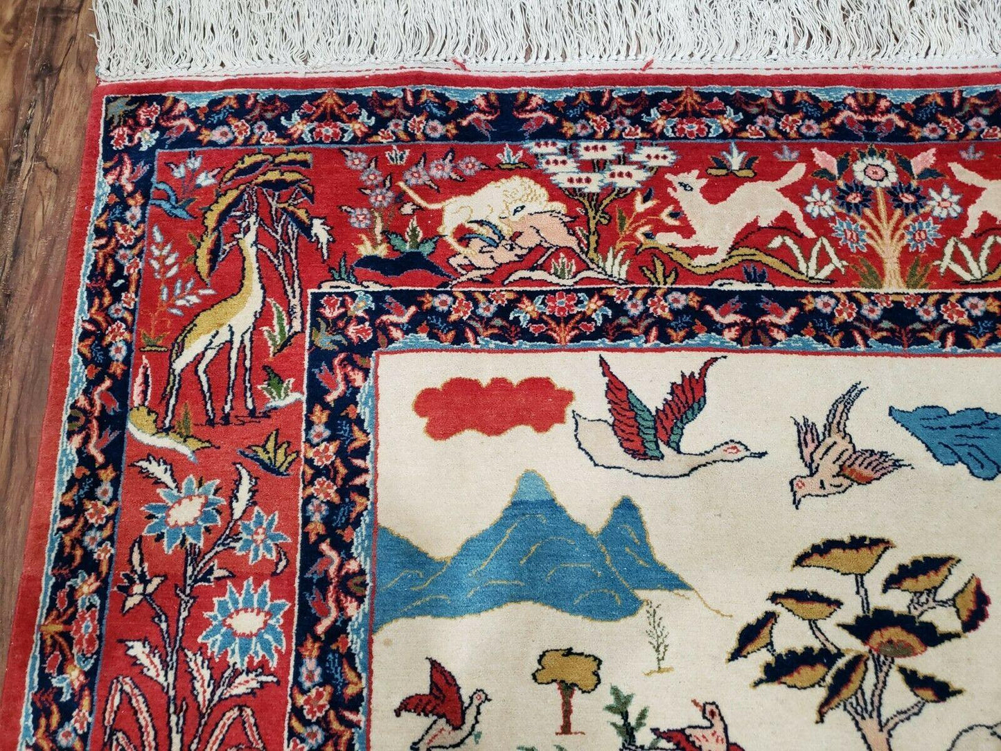 USED Antique Persian Isfahan Rug 5x7, Animal and Human Pictorials, Hand Knotted Fine Oriental Wool Carpet, Cream and Red, High KPSI, Vintage Rug 5 x 7 ft