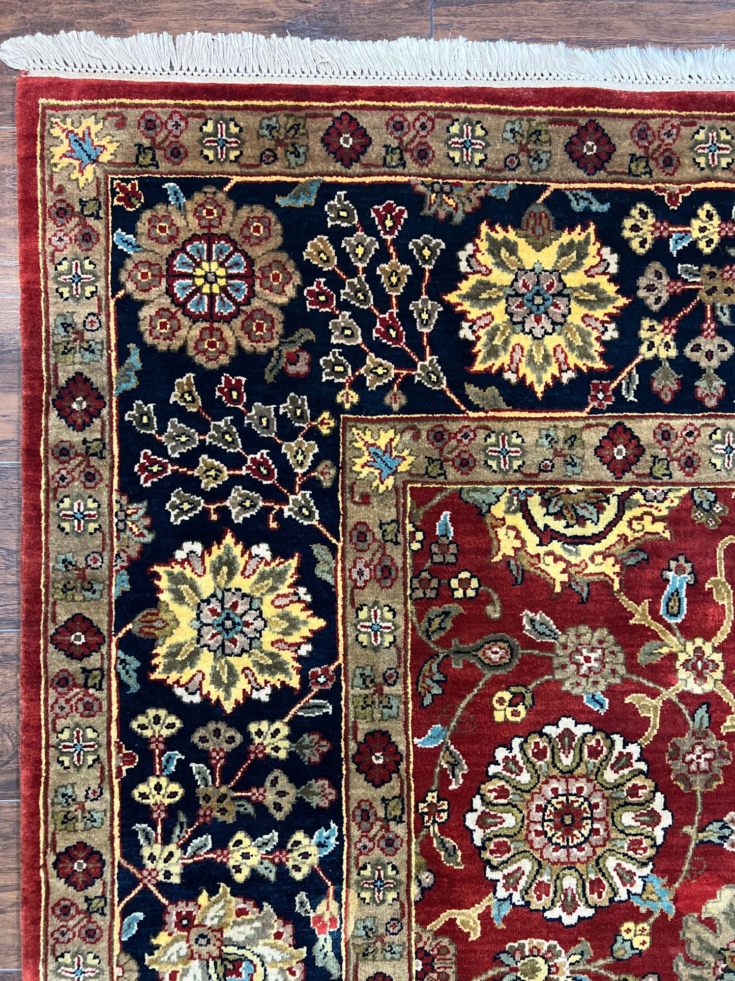 USED Indo Persian Rug 9x12, Hand Knotted Traditional Indian Wool Oriental Carpet 9 x 12 ft, Maroon and Navy Blue, Floral Allover 9x12 Vintage Rug