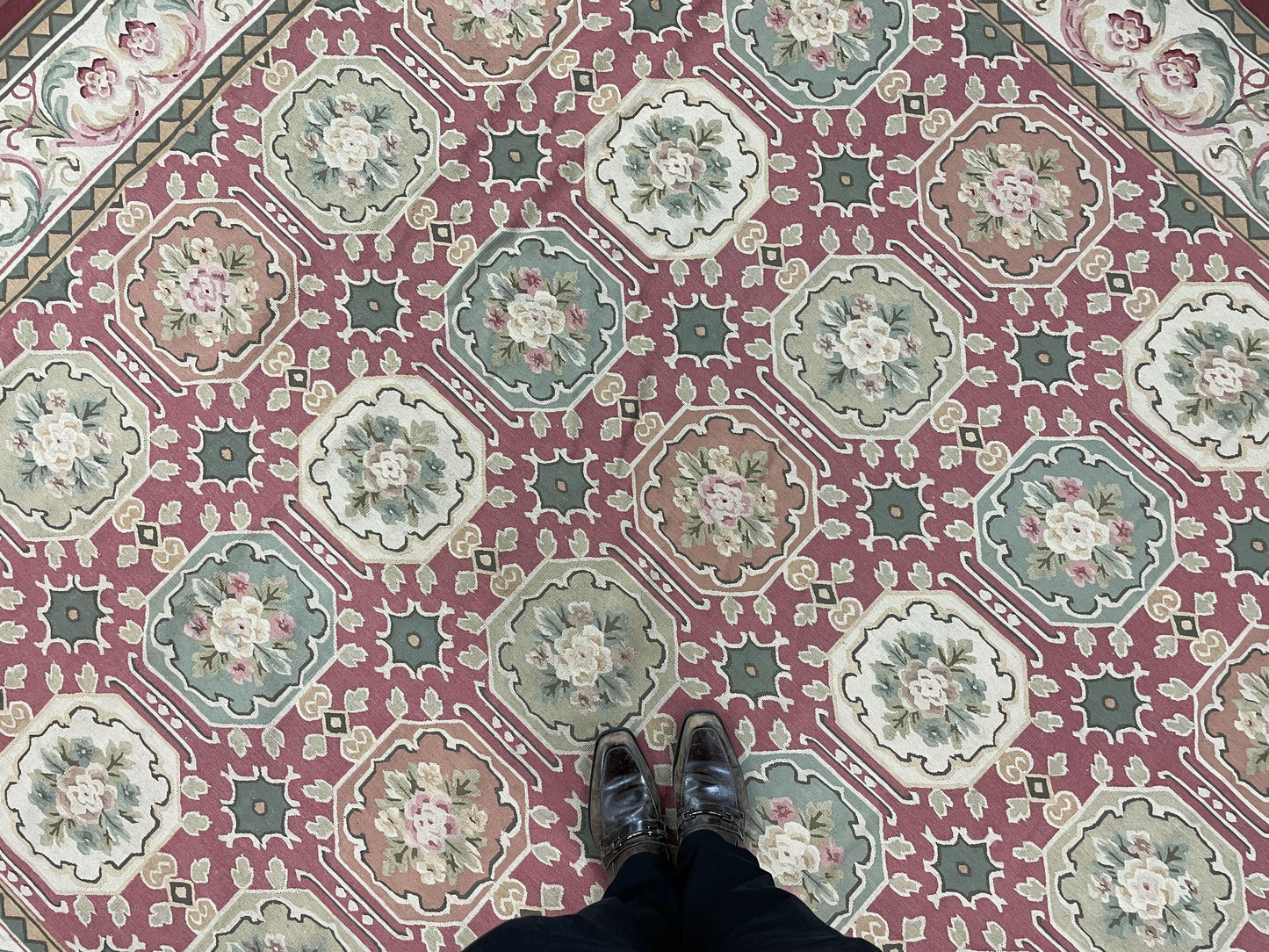 USED Square Aubusson Rug 9x9, Panel Design, European French English Carpet, Wool