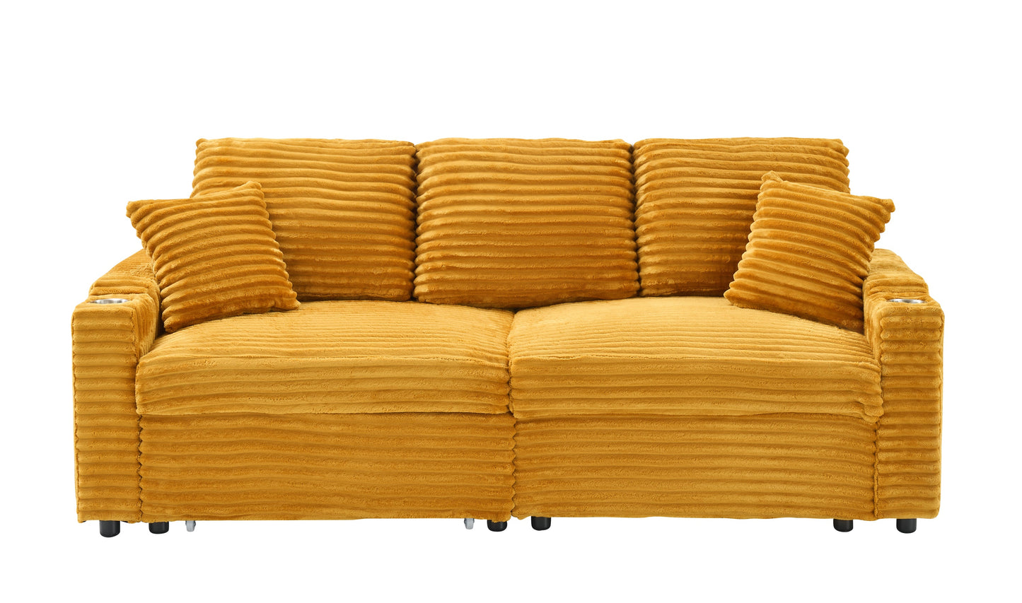 NEW Orange Corduroy Fabric 80 inch Two-in-One Pull-Out Sofa Foldable and Hidden Reclining Function