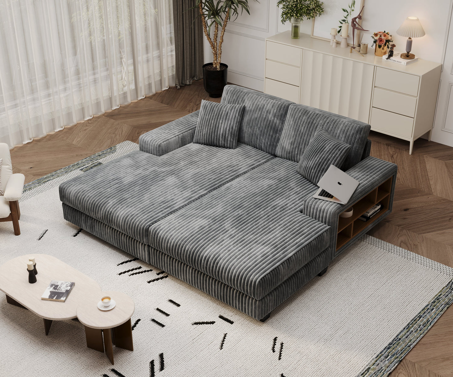 NEW Convertible combination sofa, corduroy fabric, fluffy modern sleeper sofa chair, oversized combination living room double lounge chair,Dark Grey
