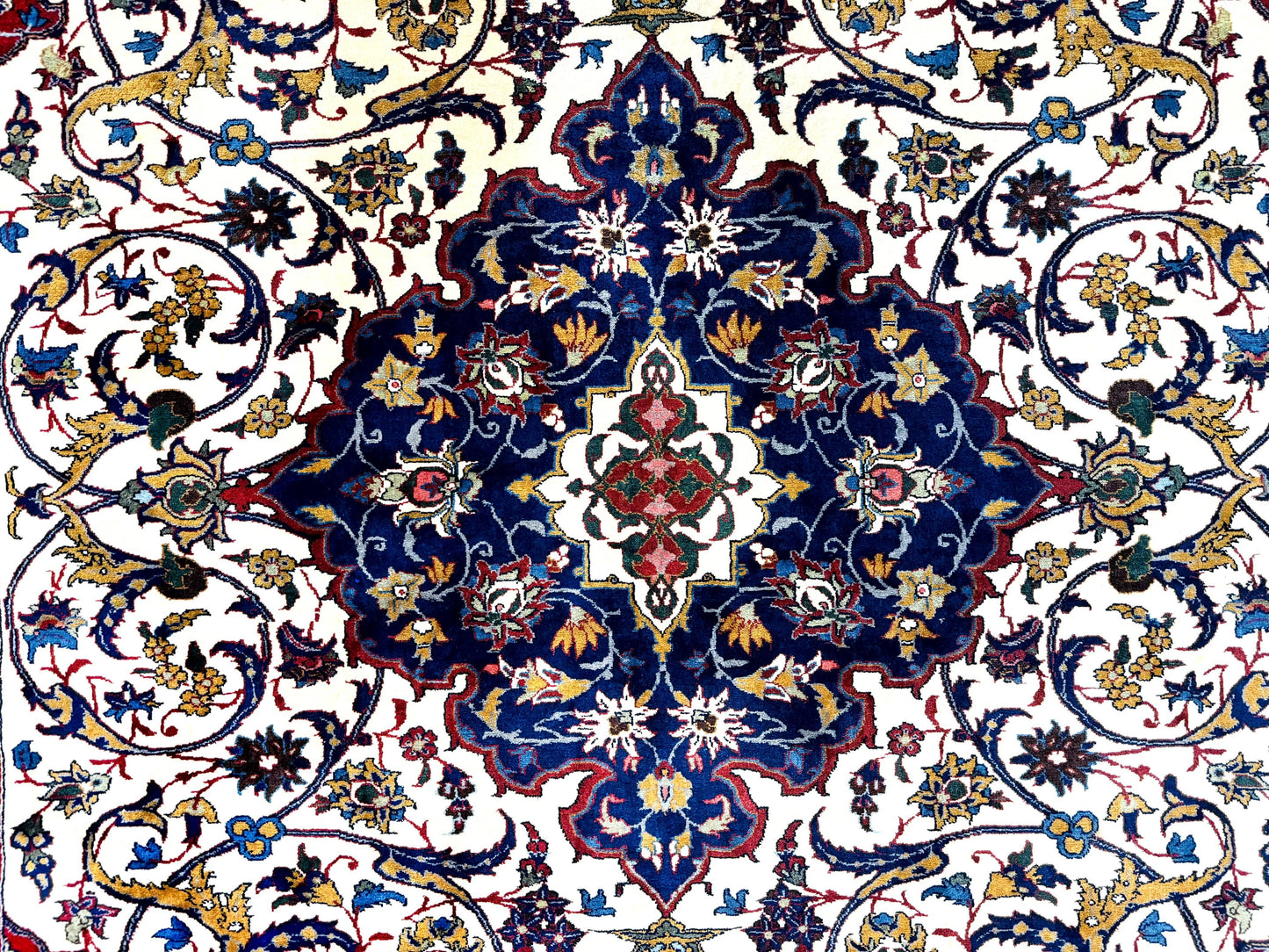 USED Wonderful Persian Isfahan Rug 7x9, Ivory Navy Blue Red, Floral Medallion, Very Finely Hand Knotted 260 KPSI, Handmade Wool Vintage Rug