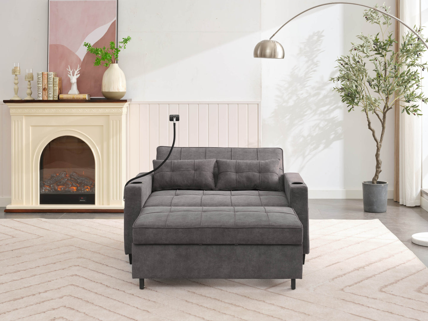 NEW Dark Grey Cloth Fabric 2 Seater Loveseat Recliner Sofa Bed with Adjustable Backrest USB and Cupholders