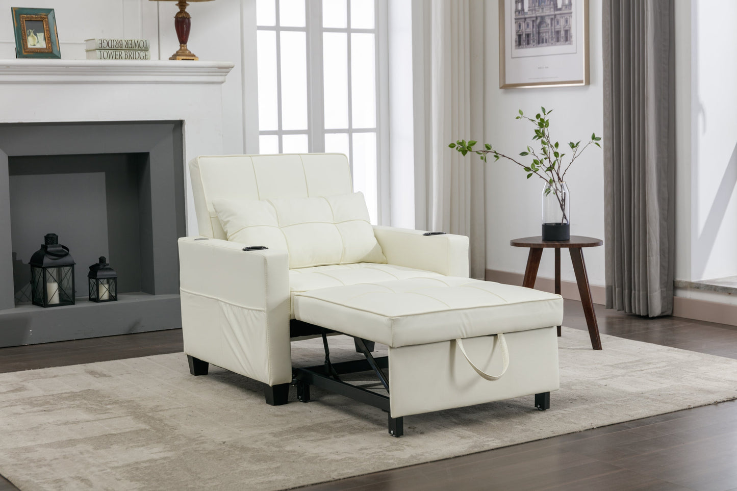 NEW Futon Chair Bed Convertible Chair 3-in-1 Pull Out Sleeper Chair Beds with USB Ports,Wear-resistant and Anti-scratch,  Armchair Bed Sleeper for Living Room (White Leather)