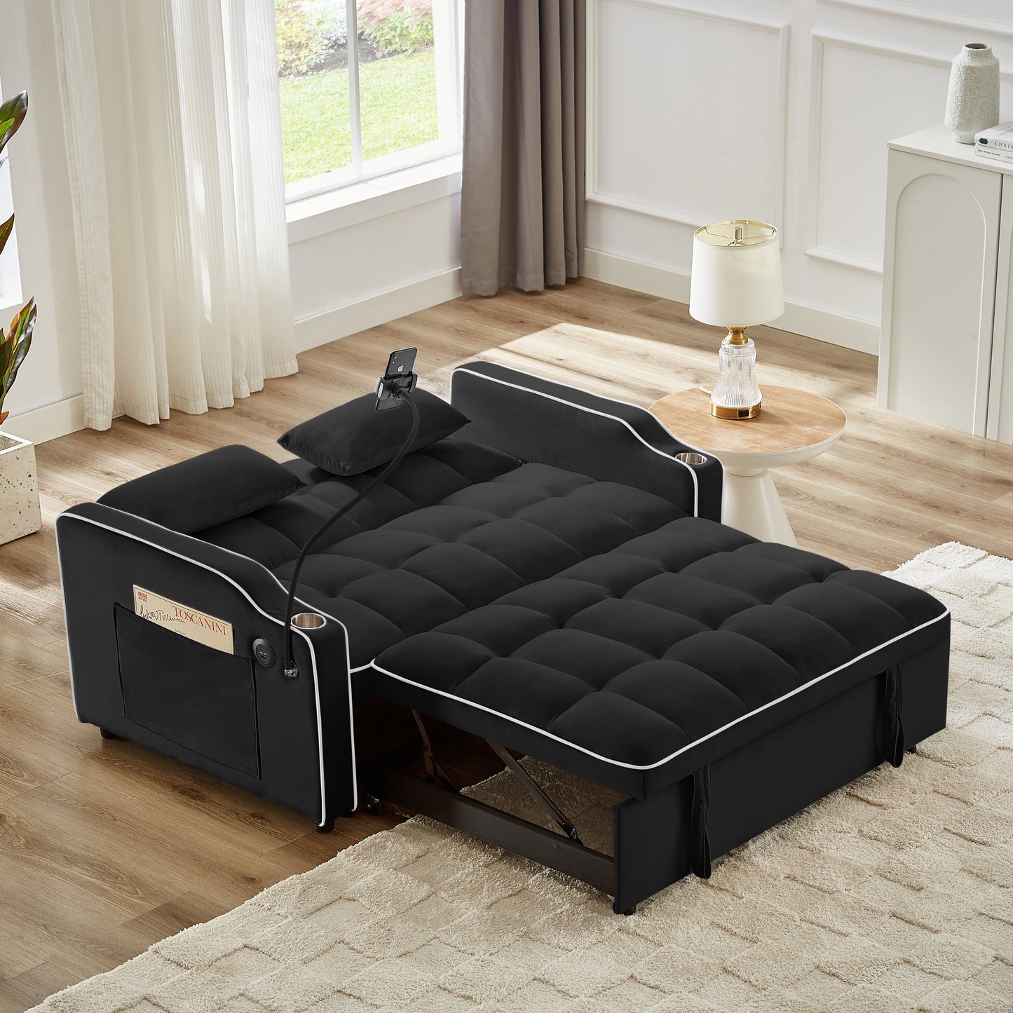 NEW 1 versatile foldable sofa bed in 3 lengths, modern sofa sofa sofa velvet pull-out bed, adjustable back and with USB port and ashtray and swivel phone stand (black)