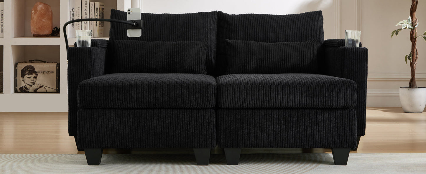 NEW Convertible Chaise Lounge 63' Loveseat Sofa Bed with USB Ports, Cup Holders, Phone Holder & Storage, Black Corduroy