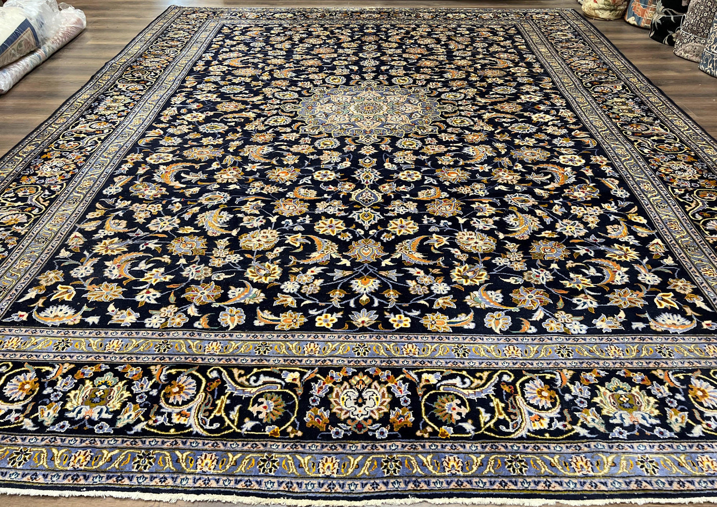 USED Wonderful Navy Blue Persian Kashan Rug 11x13, Allover Floral Design with Central Medallion, Wool Hand-Knotted Antique Carpet, Signed Rabani Rug