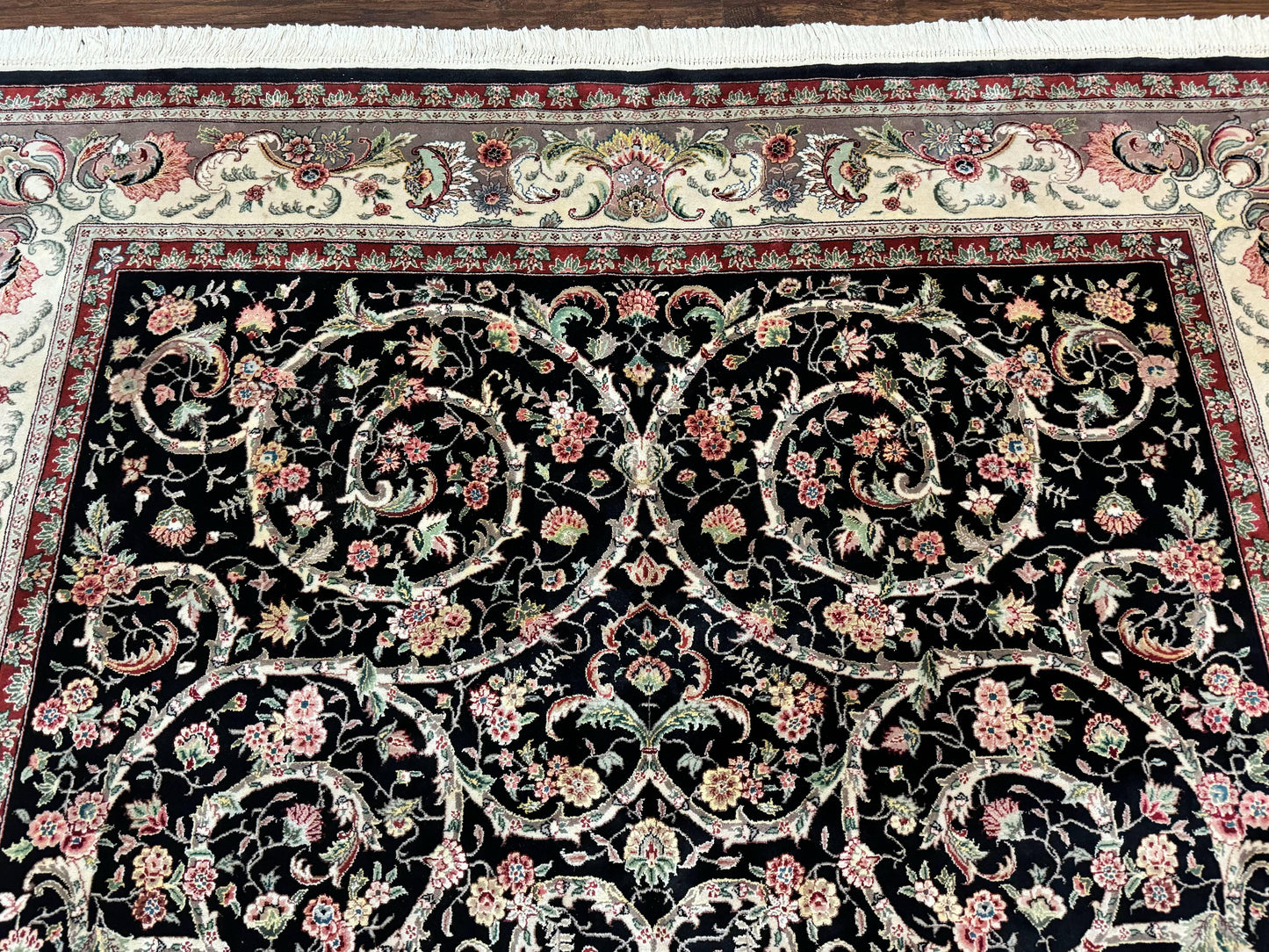 USED Black Pak Persian Rug 8x11, Floral Pattern, Hand Knotted Vintage Wool Rug with Silk Highlights, Fine 200 KPSI