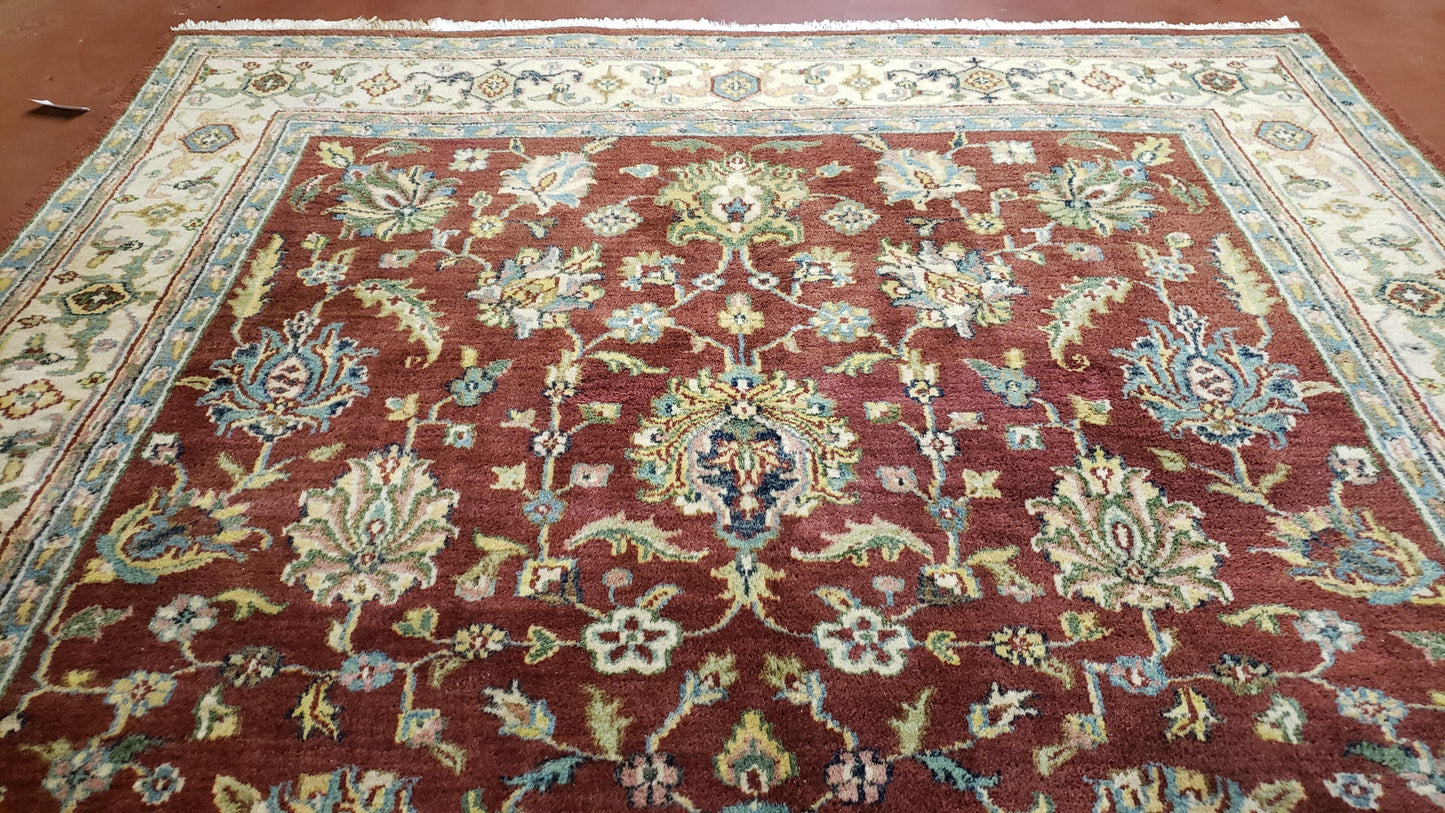 USED 8x12 Indo-Mahal Rug, Floral Allover, Red & Beige, Wool Vintage Handmade Traditional Carpet