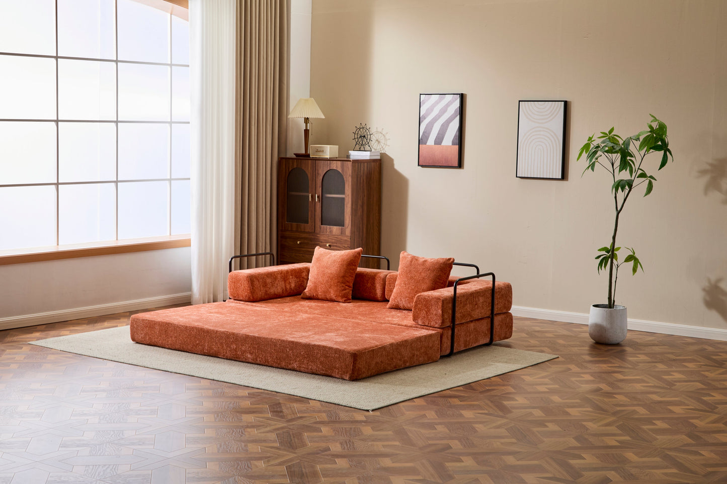 NEW Orange Chenille Fabric Comfy Futon Couch Lounge Sleeper Compression Convertible Floor Sofa Bed Couch with Pillow Back Support Armrest Bed