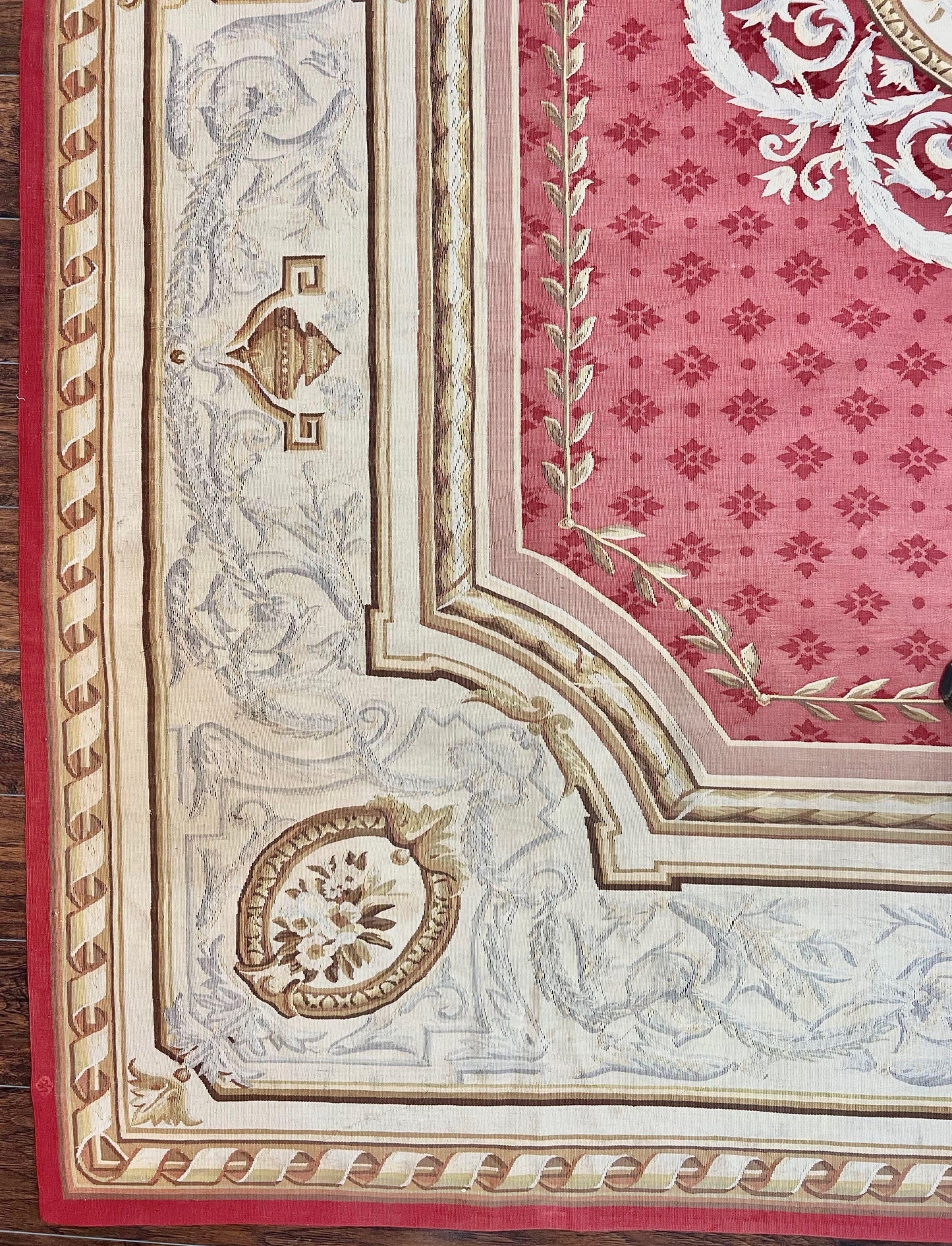 USED Aubusson Rug 9x12 ft, Red and Ivory Elegant Aubusson Carpet, Flatweave, Vintage Wool Handmade Area Rug 9 x 12, French European Design