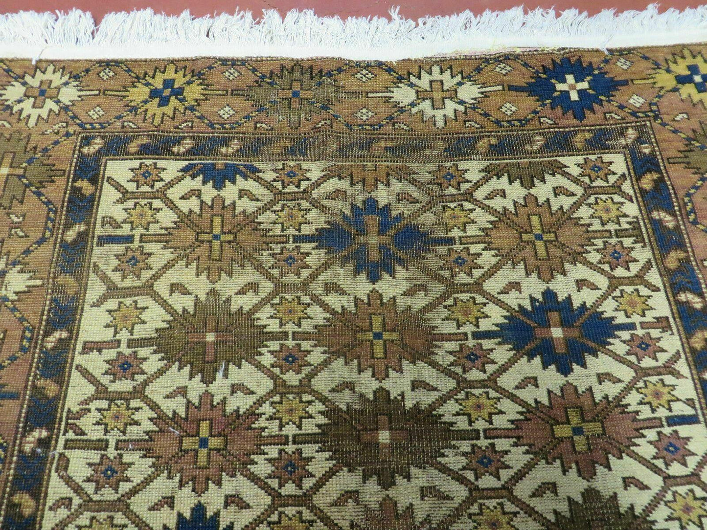 USED 4' X 5' Antique Handmade Caucasian Kazak Shirvan Wool Rug Snow Flakes