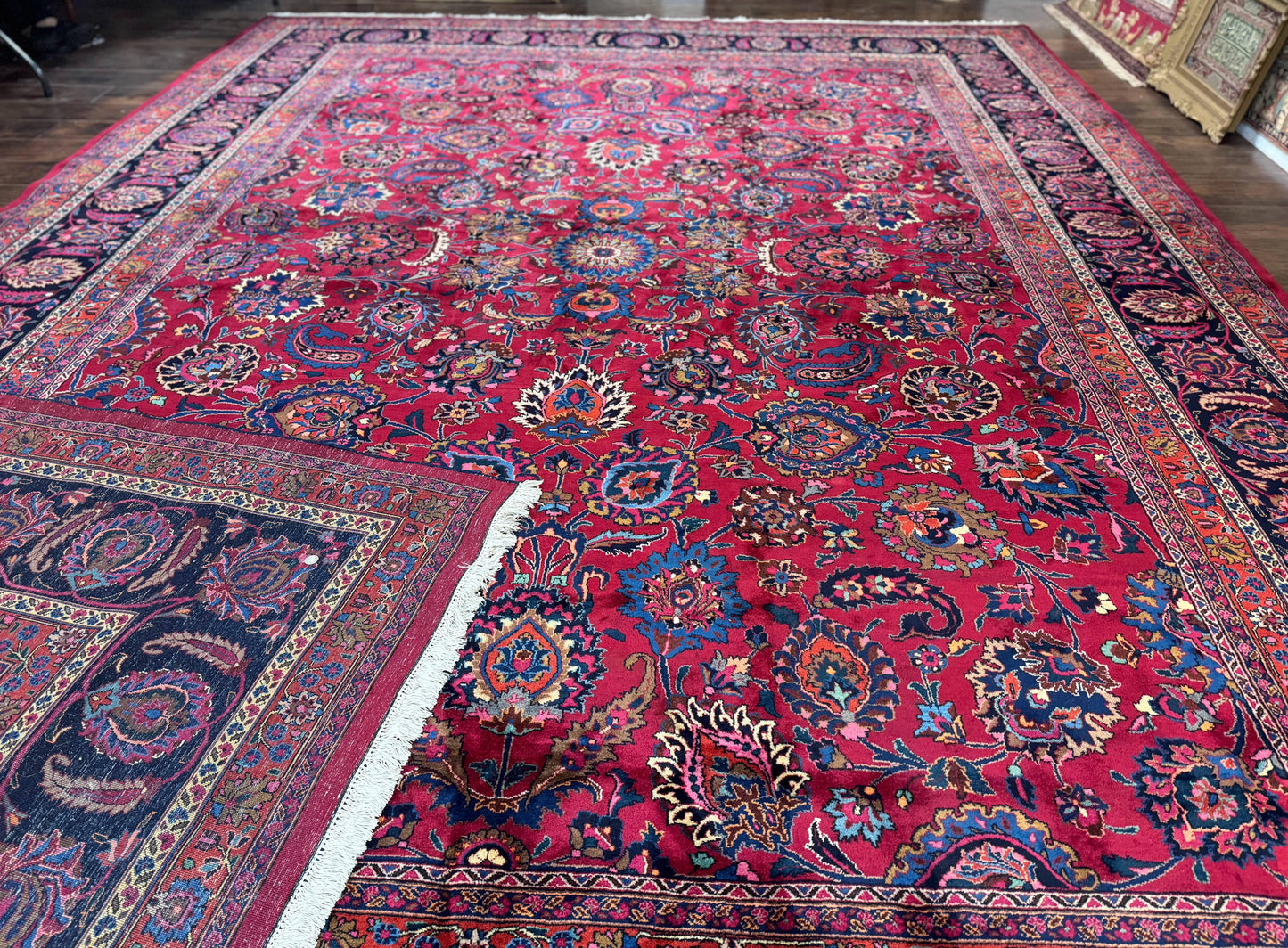 USED Palace Size Persian Mashad Rug 12x16, Raspberry and Navy Blue, Signature from Master Weaver, Antique Handmade Large Wool Carpet