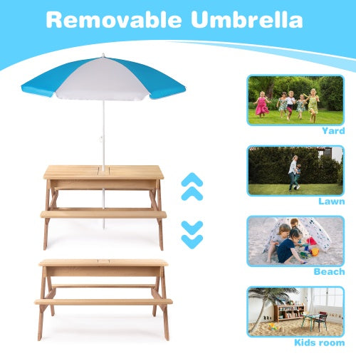 NEW 3-in-1 Kids Outdoor Cedar Wooden Picnic Table With Umbrella Convertible Sand Box And Water Kettle