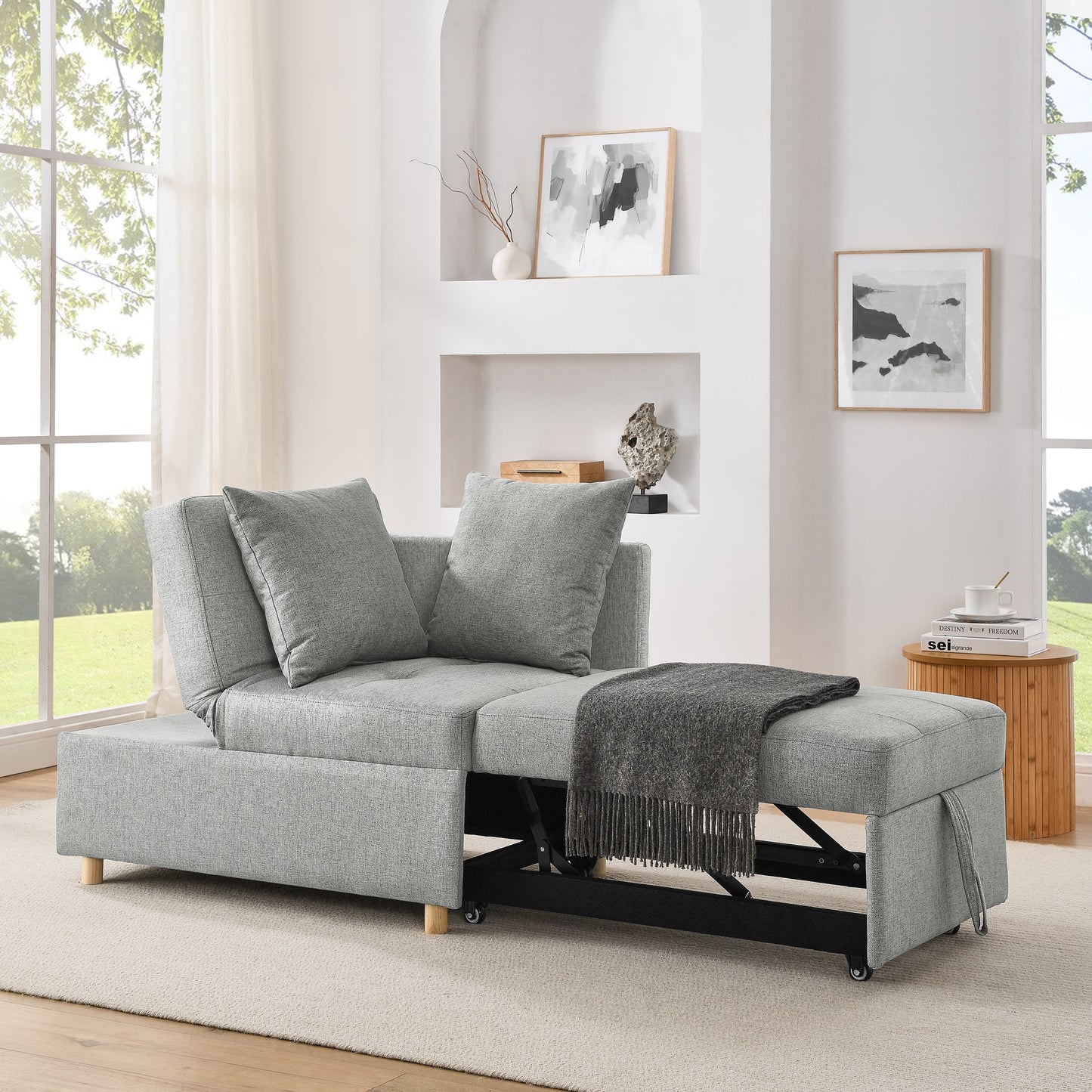 NEW Grey Modern Linen Fabric Convertible Sleeper Sofa Chair Adjustable Backrest Recliner with Pullout Sofa Bed with Wheels