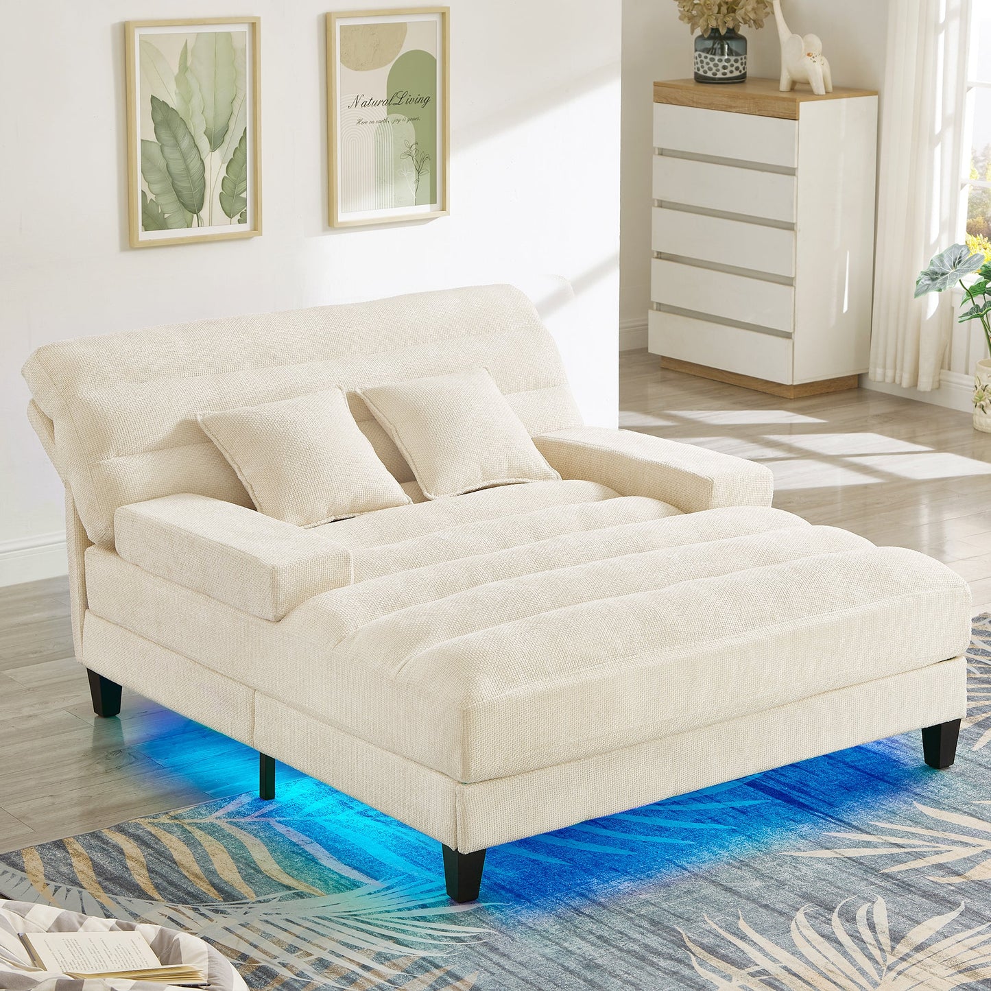 NEW Modern Beige Chaise Lounge Sofa 57.1' Bed Chenille Upholstered Lounge Chair with Adjustable Backrest and LED Light Strip