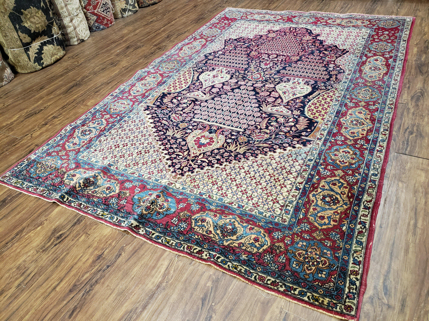 USED Antique Persian Tehran Rug 5x8, Midnight Blue and Red, Hand-Knotted, Wool