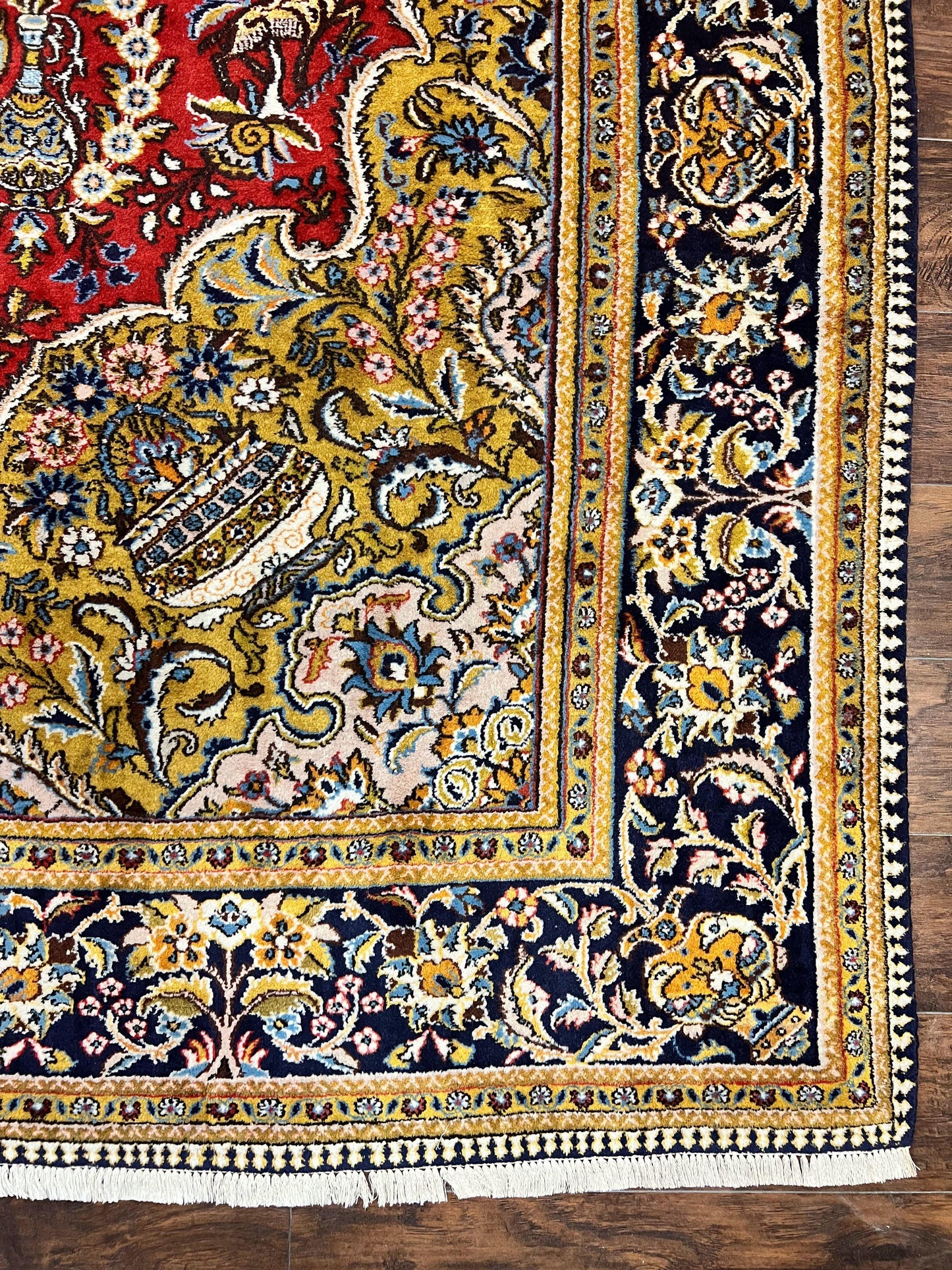 USED Wonderful Persian Qum Rug 10x14, Wool w/ Silk Highlights, Hand Knotted Semi Antique Vintage Carpet, Red, Floral, Fine Weave, Birds Deer Pictorials