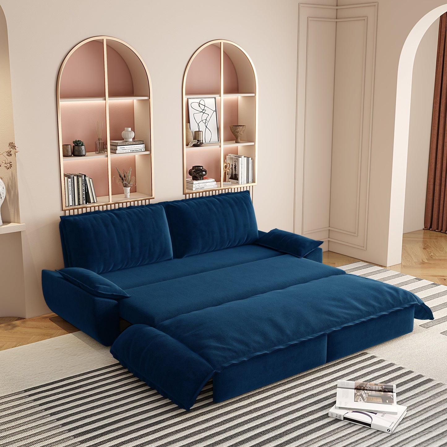 NEW 73.2' Blue Multi-Functional Velvet Loveseat 3-in-1 Convertible Sleeper Queen Pull Out Sofa Bed