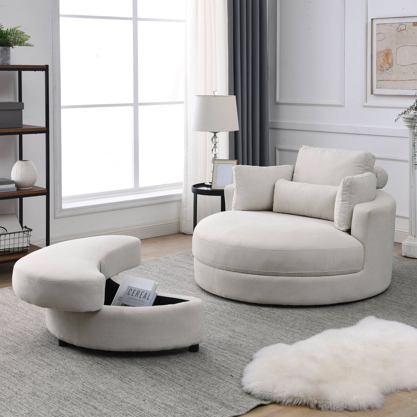 NEW Welike Linen Fabric Swivel Accent Barrel Modern Sofa Lounge Club Big Round Chair with Storage Ottoman and Pillows
