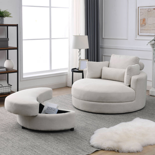 NEW Welike Linen Fabric Swivel Accent Barrel Modern Sofa Lounge Club Big Round Chair with Storage Ottoman and Pillows